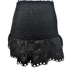 NWT Stellah Greige Skirt Black Faux Leather Smocked Ruffled Eyelet Glam Goth
